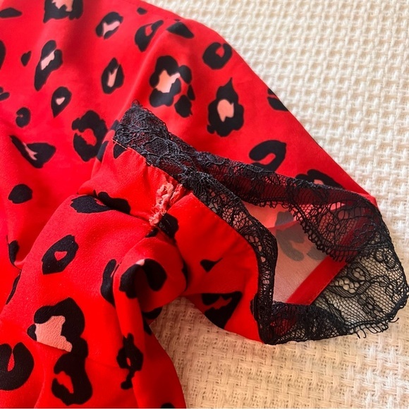 MIKAEL AGHAL Red Leopard‎ Pleated Midi Dress Lace Trim Size 6 - Picture 10 of 12